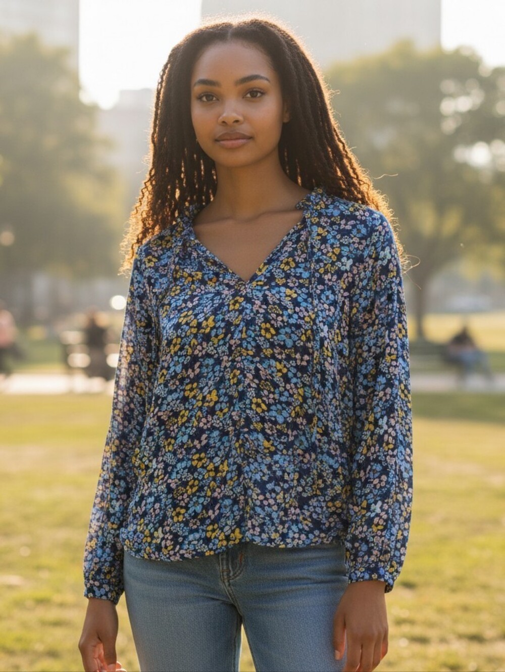 GAP Blue Floral V-neck Blouse Sheer. Large